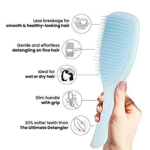 Image 1 - An individual is holding a light blue hairbrush with text highlighting its benefits: less breakage for smooth and healthy-looking hair, gentle and effortless detangling on fine hair, ideal for wet or dry hair, slim handle with grip, and 20% softer teeth than The Ultimate Detangler.
Image 2 - A woman with long, straight hair is holding a light blue comb to the side of her head, demonstrating its use for fine hair, with text that reads Soft-flex teeth for fine hair.
Image 3 - An image showing the back of a persons head, with hair appearing frizzy on the left side labeled BEFORE and smooth and healthy on the right side labeled AFTER, alongside statistics that say 97% of users found it gentler on their scalp and 85% rate their hair as healthier-looking after 2 weeks usage.
Image 4 - Image showing three hairbrushes of different sizes labeled as Mini, Regular, and Large with corresponding measurements, hair type icons, and visible text reading For larger daily detangling.