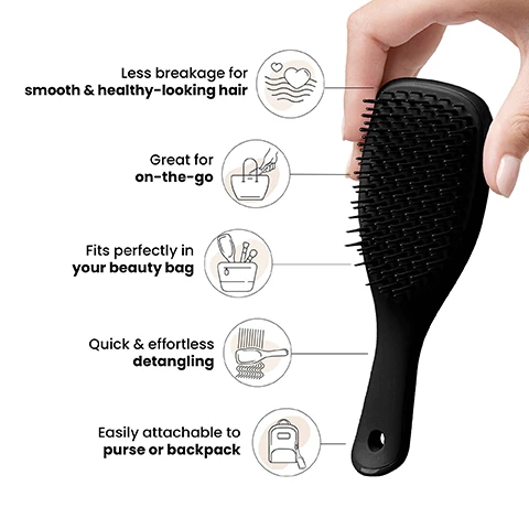 Image 1 - A person is holding a black hairbrush with text highlighting features including less breakage for smooth and healthy-looking hair, great for on-the-go, fits perfectly in your beauty bag, quick and effortless detangling, and easily attachable to purse or backpack.
Image 2 - A woman with long, wavy hair smiles while holding a black hairbrush, with text that reads Regular-flex teeth for straight to curly hair.
Image 3 - Image shows a person with long hair, with the left side appearing tangled and wavy labeled BEFORE and the right side looking smooth and straight labeled AFTER; additional text on the right states 97% of users found it gentler on their scalp and 80% agree that they have fewer knots and tangles*.
Image 4 - Image showing three hairbrushes labeled as Mini, Regular, and Large, with size dimensions and recommendations for hair types; visible text includes For on-the-go detangling and size measurements for each brush.