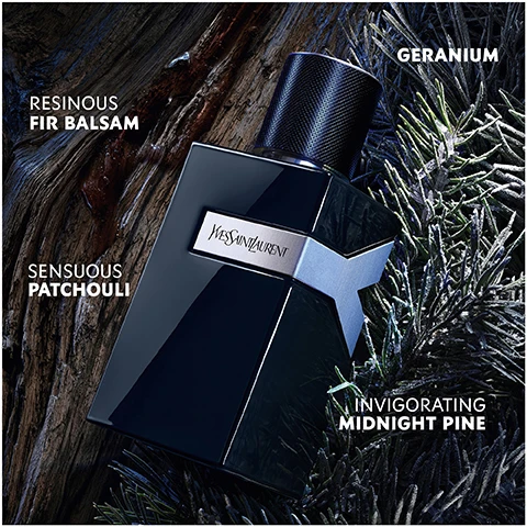 Image 1 - A dark rectangular bottle of Yves Saint Laurent perfume is centered among pine needles, with the words Resinous Fir Balsam, Sensuous Patchouli, Invigorating Midnight Pine, and Geranium arranged around it.
Image 2 - A man with long, dark hair and sunglasses holds an electric guitar wrapped with a snake, with two perfume bottles in front of him and the text Yves Saint Laurent and Y, the Original Eau de Parfum & the New Eau de Parfum displayed.
Image 3 - An arrangement of five fragrance bottles by Yves Saint Laurent is displayed on a dark background, accompanied by floral elements, with labels indicating Eau de Toilette (Fresh), Eau de Parfum (Classic), Eau de Parfum Intense (Sensual), Le Parfum (Hot), and LElixir (Rich) along with their scent descriptors.