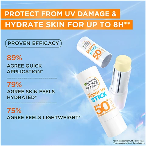 Image 1 - Image shows a sunscreen stick with a light blue and white packaging against a gradient background, featuring text that highlights benefits including protection from UV damage, hydration for up to 8 hours, and statistics on user satisfaction: 89% agree quick application, 79% agree skin feels hydrated, 75% agree feels lightweight.
Image 2 - A woman applies a skincare stick to her face against a bright blue sky, with text overlay that reads INVISIBLE UV PROTECTION, VISIBLE RESULTS, VISIBLE RESULTS, EASY APPLICATION, MOISTURISING EFFECT, INVISIBLE FINISH ON ALL SKIN PHOTOTYPES.
Image 3 - A close-up image of a creamy substance with bubbles, labeled with Key Ingredients, showing the text Shea & Cocoa Butter and Vitamin E.
Image 4 - A hand is shown reaching into a bright orange handbag to grab a sunscreen stick, with text that reads Effortless SPF Touchup, Non-Greasy, Lightweight, Perfect for Face & Hairline.
Image 5 - A hand placing a sun care product labeled super UV stick into a denim pocket, with text on the image reading POCKET-SIZED SUN CARE and APPLY & REAPPLY ON THE GO.
Image 6 - An orange handbag sits against a light blue background with a sunscreen stick and a sunscreen lotion placed beside it, featuring text that reads Our Ultimate Sun Protection Duo and visible product labels for Super UV Stick and Super UV Hydrating Lotion SPF 50.