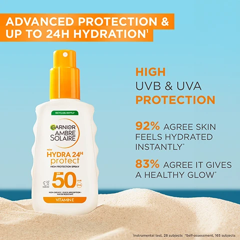 Image 1 - A sunscreen bottle with a yellow cap sits on a sandy surface, accompanied by orange text stating ADVANCED PROTECTION & UP TO 24H HYDRATION, and additional claims about UV protection and user satisfaction: 92% AGREE SKIN FEELS HYDRATED INSTANTLY and 83% AGREE IT GIVES A HEALTHY GLOW.
Image 2 - An image of a creamy white background featuring a translucent droplet with a vibrant orange and yellow burst inside, labeled with key ingredients: Glycerin, Vitamin E, and Shea Butter.
Image 3 - A close-up image of bubbles on a light blue background, with the text LIGHTWEIGHT TEXTURE at the top, followed by bullet points stating ABSORBS QUICKLY, NON-GREASY & NON-STICKY, INVISIBLE FINISH, NO WHITE CAST, and WATER, SWEAT & SAND-RESISTANT.
Image 4 - A person holds a bottle of Garnier Ambre Solaire sunscreen, with step-by-step instructions for use displayed above, including STEP 1. SPRAY PRODUCT ONTO HANDS, STEP 2. APPLY ONTO SKIN BEFORE SUN EXPOSURE, and STEP 3. RE-APPLY FREQUENTLY AND GENEROUSLY TO MAINTAIN PROTECTION.
Image 5 - An image of a sunscreen bottle labeled Garnier Ambre Solaire with Meet Sun Blossom Elixir A Fresh, Summery Fragrance at the top, surrounded by floral elements and a coconut half, with text detailing top notes (apricot, ylang-ylang, bergamot, pear), heart notes (jasmine, frangipani, water lily, tiare), and base notes (coconut milk, sandalwood, vanilla), and showing SPF 50.
Image 6 - A woman with long hair and orange hoop earrings smiles while applying lotion to her shoulder, with a background of blue sky and water, and the text FORMULATED FOR ALL SKIN TYPES displayed in orange.
Image 7 - Image shows a selection of sunscreen products from the Hydra Protect range arranged on a bright orange surface, with a blue swimming pool in the background, featuring visible text that reads Discover Hydra Protect Range and Hydrate & Help Protect Against Sun-Induced Ageing.