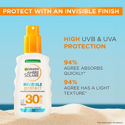 Image 1 - Image of a sunscreen bottle labeled Garnier Ambre Solaire Invisible Protect with a yellow cap, sitting on light sand, with text stating Protect with an invisible finish, High UVB & UVA protection, 94% agree absorbs quickly, and 94% agree has a light texture.
Image 2 - An image of a green gel sphere containing aloe vera, with text that reads KEY INGREDIENTS at the top and ALOE VERA and REFRESHING FORMULA INFUSED WITH ALOE VERA to the side.
Image 3 - A close-up image of water droplets on a light blue background with the text LIGHTWEIGHT TEXTURE INVISIBLE FINISH in orange at the top and the phrases ABSORBS QUICKLY, QUICK-DRY TEXTURE, NON-STICKY FINISH, and VERY WATER-RESISTANT in white on the right side.
Image 4 - An image of a hand holding a bottle of Garnier Ambre Solaire Invisible Protect sunscreen spray with a blue sky in the background, accompanied by text outlining usage steps: HOW TO USE, STEP 1. SPRAY PRODUCT ONTO HANDS, STEP 2. APPLY ONTO SKIN BEFORE SUN EXPOSURE, STEP 3. RE-APPLY FREQUENTLY AND GENEROUSLY TO MAINTAIN PROTECTION.
Image 5 - A smiling woman with long hair wearing large orange hoop earrings is gently touching her arm against a bright blue sky and ocean backdrop, with the text FORMULATED FOR ALL SKIN TYPES in orange to the right.
Image 6 - Two bottles of Garnier Ambre Solaire sunscreen are placed on an orange surface next to a turquoise pool, with the label on the right bottle reading GARNIER AMBREE SOLAIRE INVISIBLE PROTECT SPF 30 ALOE VERA and a header above stating DISCOVER INVISIBLE PROTECT REFRESH & HELP PROTECT FROM SUN EXPOSURE.