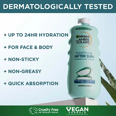 Image 1 - A bottle of Garnier Ambre Solaire Soothing After Sun lotion with an aloe plant in the background and text reading DERMATOLOGICALLY TESTED + UP TO 24HR HYDRATION + FOR FACE & BODY + NON-STICKY + NON-GREASY + QUICK ABSORPTION 100% RECYCLED PLASTIC GARNIER AMBRE SOLAIRE soothing AFTER SUN 24H HYDRATING LOTION - FACE & BODY WITH RESPONSIBLY SOURCED ALOE VERA NON-GREASY - NON-STICKY REFRESHING FEEL GENEROUS FORMAT Cruelty Free INTERNATIONAL VEGAN FORMULA* *NO ANIMAL DERIVED INGREDIENTS OR BY-PRODUCTS. Image 2 - A flat lay shows a Garnier Ambre Solaire sunscreen bottle labelled 1 PROTECT and an after sun lotion bottle labelled 2 SOOTH next to sunglasses and a hat on a surface by a pool with visible branding and product details including HYDRA 24H protect Hydrating Protection Lotion SPF 50 VERY HIGH PROTECTION and soothing AFTER SUN 24H HYDRATING LOTION FACE & BODY.