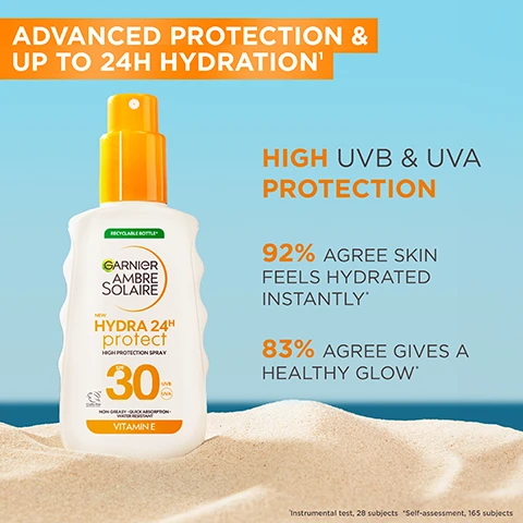 Image 1 - A sunscreen spray bottle sits on a sandy beach background, with text promoting advanced protection and hydration, highlighting high UVB and UVA protection, and mentioning statistics about skin hydration and glow.
Image 2 - An image of a creamy, light-colored background with a droplet containing orange and yellow ingredients in the center, labeled with the key ingredients: Glycerin, Vitamin E, and Shea Butter.
Image 3 - Close-up of droplets on a light blue background with the text LIGHTWEIGHT TEXTURE at the top and descriptions including ABSORBS QUICKLY, NON-GREASY & NON-STICKY, INVISIBLE FINISH, NO WHITE CAST, and WATER, SWEAT & SAND-RESISTANT.
Image 4 - Image of a sunscreen spray bottle against a blue background with instructions for use, including text: HOW TO USE, STEP 1. SPRAY PRODUCT ONTO HANDS, STEP 2. APPLY ONTO SKIN BEFORE SUN EXPOSURE, STEP 3. RE-APPLY FREQUENTLY AND GENEROUSLY TO MAINTAIN PROTECTION.
Image 5 - A sunscreen bottle labeled Garnier Ambre Solaire with the text 30 is placed on a sandy surface beside a coconut, lime, and flowers, with descriptions of top notes, heart notes, and base notes of a fragrance including apricot, jasmine, and coconut milk.
Image 6 - A woman with long hair wearing large orange hoop earrings smiles while applying lotion to her shoulder, with a light blue sky and ocean in the background, and the text FORMULATED FOR ALL SKIN TYPES displayed in orange.
Image 7 - A selection of sun protection products displayed on an orange surface beside a pool, featuring various sizes of bottles and tubes labeled Hydra Protect, with visible text that reads DISCOVER HYDRA PROTECT RANGE and HYDRATE & HELP PROTECT AGAINST SUN-INDUCED AGEING.