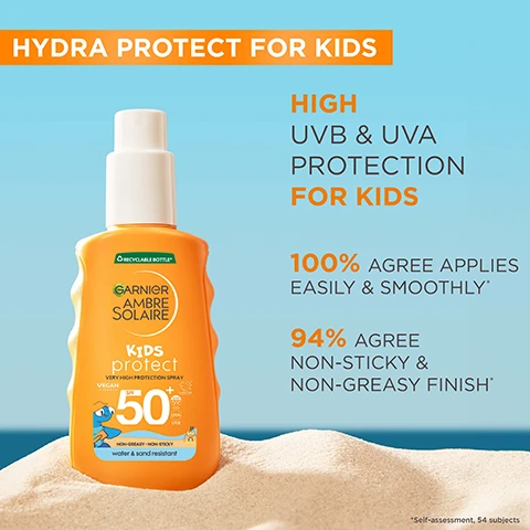 Image 1 - A bottle of Garnier Ambre Solaire Hydra Protect sunscreen for kids, set against a sandy beach background, with visible text stating HYDRA PROTECT FOR KIDS, HIGH UVB & UVA PROTECTION FOR KIDS, 100% AGREE APPLIES EASILY & SMOOTHLY, and 94% AGREE NON-STICKY & NON-GREASY FINISH.
Image 2 - An image of a creamy white substance with a translucent, golden capsule in the center, labeled with the key ingredients: Glycerin, Vitamin E, and Aloe Vera.
Image 3 - Image of a textured surface with hundreds of water droplets on a light blue background, featuring text that reads: LIGHTWEIGHT TEXTURE, ABSORBS QUICKLY, NON-GREASY & NON-STICKY, INVISIBLE FINISH, NO WHITE CAST, WATER, SWEAT & SAND-RESISTANT.
Image 4 - An image of a Garnier Ambre Solaire Kids Protect sunscreen bottle with instructions on how to use it, displaying steps: 1. Spray product onto hands, 2. Apply onto skin before sun exposure, 3. Re-apply frequently and generously to maintain protection, with a playful cartoon character on the bottle and a blue sky background.
Image 5 - A smiling child wearing a straw hat and a white shirt holds a sunscreen bottle while standing on a beach with blue water and mountains in the background; visible text reads FORMULATED FOR ALL SKIN TYPES* *Tested under pediatric control.