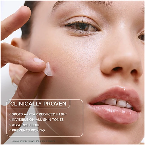 Image 1 - A close-up image of a young womans face showing her applying a small patch to her skin, with visible text that reads CLINICALLY PROVEN, SPOTS APPEAR REDUCED IN 8H, INVISIBLE ON ALL SKIN TONES, ABSORBS FLUID, PREVENTS PICKING.
Image 2 - A close-up image of a dark-skinned man and a light-skinned woman, both with clear skin, showcasing a beauty product, with the text ultra-thin & invisible on all skin tones displayed at the bottom.
Image 3 - An illustration showing how a hydrocolloid patch works, with arrows indicating fluid absorption and the text HOW IT WORKS at the top and HYDROCOLLOID PATCH ABSORBS FLUID TO VISIBLY FLATTEN THE SPOT at the bottom.
Image 4 - Image showing two close-up views of skin, with the left labeled BEFORE showing a red pimple and the right labeled AFTER 8H* showing reduced redness and swelling; small text at the bottom states individual results may vary.
Image 5 - Image shows three steps for using a skin patch: Step 1 depicts a hand peeling a patch from a sheet, Step 2 shows the patch being applied to a clean, dry face, and Step 3 illustrates the patch being removed, with visible text stating HOW TO USE, STEP 1, STEP 2, and STEP 3, along with AM and PM icons and REMOVE AFTER 8H.
Image 6 - A close-up of a man touching his cheek, showing two circular icons with measurements of 10mm and 12mm, alongside text that reads TWO SIZES TO COVER ALL SPOTS.
Image 7 - A young person is touching their chin, showcasing their skin, with a circular graphic indicating a product on their face, and text stating tested under dermatological control and for all skin types.
Image 8 - Image shows four skincare products arranged on a light background, labeled as part of a daily routine with visible text indicating each step: Step 1: Purifying Cleanser, Step 2: Liquid Care, Step 3: Daily UV, and Step 4: Blemish Patches, with branding from Garnier PureActive.