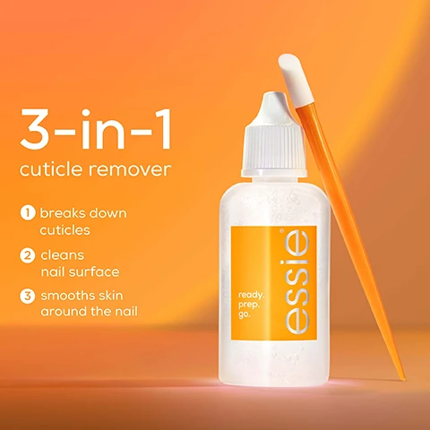 Image 1 - A white bottle of Essie 3-in-1 cuticle remover with an orange cap and an orange applicator stick beside it, on a gradient orange background, with text stating: 1 breaks down cuticles, 2 cleans nail surface, 3 smooths skin around the nail, ready, prep, go.
Image 2 - Close-up of a clear gel with bubbles on a soft gradient background, featuring the text pro-inspired gel formula with 5% refining complex + apricot oil.
Image 3 - A hand holding a transparent bottle labeled essie with an orange cap and ready. prep. go. text next to a hand holding an orange cuticle pusher with a white tip, with the words precision tip, convenient cuticle pusher, and easy squeeze bottle visible in orange text.
Image 4 - A close-up of a hand applying a product to cuticles using a tool with an orange handle, alongside steps for application that read easy, precise application 1 apply 1-2 drops & massage 2 push back cuticles 3 rinse to remove.
Image 5 - Image shows two products from Essie for cuticle care, with a clear liquid blob and a gradient background; visible text includes cuticle care routine, prep before mani, ready. prep. go., and hydrate after mani.