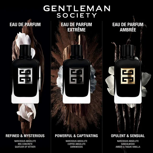 Image shows three bottles of perfume, each labeled with a variant name: the first bottle is labeled Eau de Parfum with descriptors Refined & Mysterious, the second bottle is labeled Eau de Parfum Extrême with descriptors Powerful & Captivating, and the third bottle is labeled Eau de Parfum Ambrée with descriptors Opulent & Sensual. At the top, the text reads GENTLEMAN SOCIETY.
