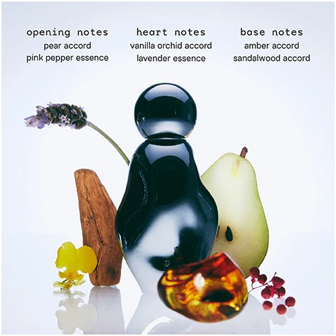Image 1 - A black and rounded perfume bottle is centered with surrounding elements including a pear, pink flowers, and an amber piece, with the text opening notes pear accord pink pepper essence, heart notes vanilla orchid accord lavender essence, and base notes amber accord sandalwood accord displayed above and beside the bottle.
Image 2 - Two perfume bottles side by side with text describing their fragrance families and notes, labeled as Cosmic Kylie Jenner and Cosmic Kylie Jenner 2.0, featuring descriptions such as ambery floral and floral amber, along with specific notes like star jasmine, blood orange, and amber accord.
Image 3 - A reflective chrome bottle with a round top is displayed against a dark background, accompanied by the text featuring a new chrome look, the sculptural bottle is formed to fit perfectly in the palm of your hand.
Image 4 - A shiny, abstract figure is shown with a flowing element beside it, and the text reads apply to your pulse points: spritz or dab (don’t rub) onto the inside of your wrists, inner elbows, and behind ear lobes.
Image 5 - A transparent perfume bottle labeled cosmic Kylie Jenner is centered among black, stylized figures representing various sizes labeled 10mL, 30mL, 50mL, and 100mL.