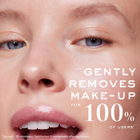 Image 1 - A close-up of a persons face showing blue eyes, nose, and glossy lips, with text overlay that reads GENTLY REMOVES MAKE-UP FOR 100% OF USERS* *Use test - 20 volunteers. Satisfaction % immediately after application. Image 2 - An image showcasing four Nuxe Very Rose skincare products in pink packaging: Micellar Water, which is an Express Makeup Remover; Cleansing Oil, which Removes Waterproof Makeup; Creamy Cleansing Milk, which Gently Removes Makeup; and Light Cleansing Foam, which Gently Cleanses & Purifies in a Rinse Off Formula.