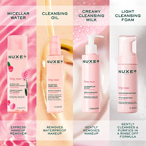 Image 1 - Image shows four skincare products from NUXE Paris, each in a pink bottle labeled as Micellar Water, Cleansing Oil, Creamy Cleansing Milk, and Light Cleansing Foam, with respective descriptions including Express Makeup Remover, Removes Waterproof Makeup, Gently Removes Makeup, and Gently Cleanses & Purifies in a Rinse Off Formula.
Image 2 - A close-up image of a persons face showcasing clear skin with text that reads, REMOVES STUBBORN MAKE-UP FOR 95% OF USERS* and smaller text stating, *Use test - 20 volunteers. Satisfaction % immediately after application.