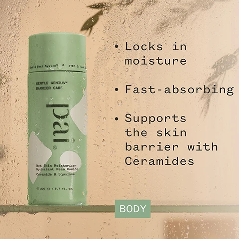 Image 1 - A green cylindrical moisturizer bottle is displayed with water droplets on a background, accompanied by text that states Locks in moisture, Fast-absorbing, Supports the skin barrier with Ceramides, and BODY.