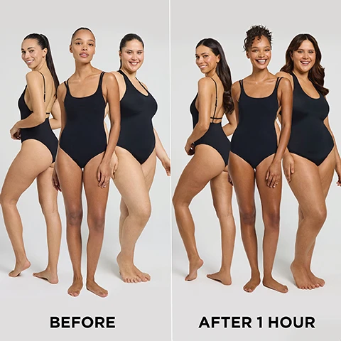 Image 1 - before and after 1 hour Image 2- An abstract image shows a dark, smooth substance shaped like a droplet, with various icons and text labeled around it, including Colourlock Accelerator™ World First Technology, No Added Fragrance Suitable for Sensitive Skin, Fast Acting Your Deepest Glow in 1 Hour, and Hydrating & Lightweight Weightless Formula for Smooth, Glowing Skin.
Image 3 - Image of a self-tanning product called Bondi Sands Ultra Express, featuring a black pump bottle, a smiling woman applying the product on her arm, and several icons at the bottom highlighting features such as colourlock accelerator, fast-acting, hydrating and lightweight, and no added fragrance, with text that reads ULTRA EXPRESS SELF TANNING FOAM.
Image 4 - A woman with long dark hair is shown wearing a black bikini top and holding a self-tanning bottle, with bold text that reads GLOW-FORCE SELF TAN FAST TRACKED and a description of the products technology and benefits.