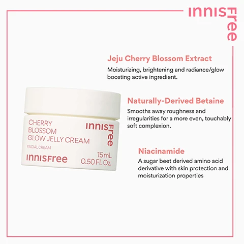 Image 3 - A white jar of Innisfree Cherry Blossom Glow Jelly Cream is displayed, alongside text detailing its ingredients and benefits: innisfree, CHERRY BLOSSOM GLOW JELLY CREAM, FACIAL CREAM, 15mL, 0.50 Fl. Oz., Jeju Cherry Blossom Extract, Moisturizing, brightening and radiance/glow boosting active ingredient, Naturally-Derived Betaine, Smooths away roughness and irregularities for a more even, touchably soft complexion, Niacinamide, A sugar beet derived amino acid derivative with skin protection and moisturization properties. Image 4 - A white tube of Innisfree Green Tea Amino Acid Cleansing Foam is displayed, featuring text: GREEN TEA AMINO ACID CLEANSING FOAM™, FACIAL CLEANSING FOAM, MOUSSE PURIFIANTE VISAGE, CLEANSE + HYDRATE, NETTOIE + HYDRATE, innisfree, 30 mL, 1.01 Fl. Oz. The top right logo also reads innisfree, and additional descriptive text states: Beauty Green Tea™, Rich in antioxidants and 1.67x more moisturizing ingredients than regular green tea, it helps hydrate and refresh the skin. Amino Acid Complex, With arginine, glutamic acid, and aspartic acid to help maintain hydration and protect the skin barrier during cleansing. Image 5 - A white serum bottle is surrounded by green tea leaves on a white background with a green border, with text reading innisfree, Green Tea + Encapsulated Hyaluronic Acid, Powerful two moistures combination with excellent absorption, Panthenol & Squalane, Helps fortify skins moisture barrier, and on the bottle, GREEN TEA SEED HYALURONIC SERUM, SÉRUM ACIDE HYALURONIQUE AUX GRAINES DE THÉ VERT, FACIAL SERUM, SERUM VISAGE, innisfree, 10 mL, 0.33 Fl. Oz. Image 6 - A white tube of Innisfree Daily UV Defense Sunscreen with SPF 30 and UVA protection, 10mL (0.33 FL. Oz), is shown on a white background with an orange border, alongside descriptive text that reads: innisfree Free, Jeju Green Tea Nurtures skin with soothing hydration, Sunflower Seed Oil Delivers lightweight moisture to the skin, Cica (Centella Asiatica) Soothes skin and reduces visible signs of irritation, Active Ingredients UV Filters Avobenzone 2.5%, Homosalate 7%, Octisalate 4.3% - for high UVA/UVB protection (SPF 30).