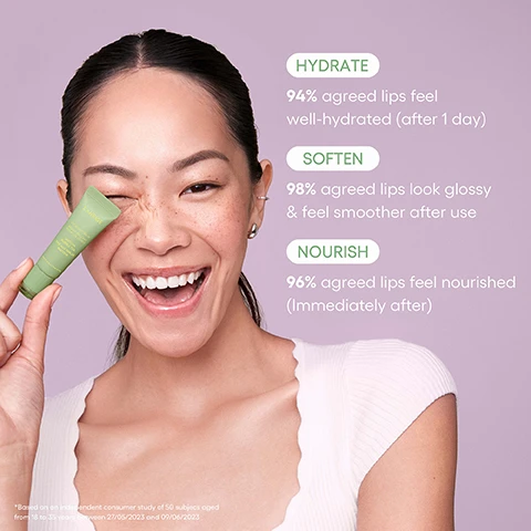 Image 1 - A smiling person with freckles winks while holding a green lip balm tube by Laneige, labeled LANEIGE LIP GLOWY BALM BAUME BRILLANT POUR LES LÈVRES MATCHA BUBBLE TEA THÉ AUX PERLES MATCHA NET WT. 0.35 OZ. / Poids net 10g, next to product claims on a purple background that state: HYDRATE 94% agreed lips feel well-hydrated (after 1 day), SOFTEN 98% agreed lips look glossy & feel smoother after use, NOURISH 96% agreed lips feel nourished (Immediately after), and a disclaimer at the bottom left: *Based on an independent consumer study of 50 subjects aged from 18 to 35 years between 27/05/2023 and 09/06/2023. Image 2 - A light green tube of Laniege Lip Glowy Balm is surrounded by colorful candy-shaped charms, with text on the tube reading LANEIGE LIP GLOWY BALM BAUME BRILLANT POUR LES LÈVRES MATCHA BUBBLE TEA THÉ AUX PERLES MATCHA Net Wt. 0.35 oz. / Poids net 10 g, and separate labels stating SHEA BUTTER To Nourish and MURUMURU SEED BUTTER To Hydrate. Image 3 - A flat lay on a green background features a light green Laneige Lip Glowy Balm tube and a matching Lip Sleeping Mask jar, both in Matcha Bubble Tea flavor, alongside a green comb, a small green hair clip, a clear green butterfly decoration, and a heart-shaped gummy, with text reading YOUR LIPS NEW BEST-TEAS, MATCHA BUBBLE TEA, LANEIGE LIP GLOWY BALM BAUME BRILLANT POUR LES LÈVRES MATCHA BUBBLE TEA THÉ AUX PERLES MATCHA Net Wt. 0.35 oz. / Poids net 10 g, LANEIGE LIP SLEEPING MASK MASQUE DE NUIT POUR LES LÈVRES MATCHA BUBBLE TEA THÉ AUX PERLES MATCHA Net wt. 0.70 oz. / Poids net 20 g, Infused with the soothing aroma of matcha, #EarthyDelight, and #MatchaVibes.
