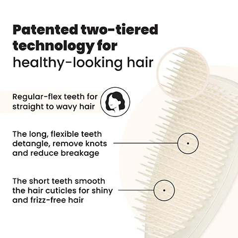 Image 1 - A close-up of a hairbrush head with cream-colored two-tiered bristles, showing a magnified view of the bristles and labeled text explanations of its technology: Patented two-tiered technology for healthy-looking hair, Regular-flex teeth for straight to wavy hair, The long, flexible teeth detangle, remove knots and reduce breakage, The short teeth smooth the hair cuticles for shiny and frizz-free hair. Image 2 - A woman with dark hair brushes it with a white comb, next to text that reads Regular-flex teeth for straight to wavy hair. Image 3 - A cream-colored hairbrush is shown vertically on the right, with five features listed on the left: Smooth tactile matte finish, Quick & effortless detangling, Ideal for wet or dry hair, Smooths frizz & flyaways, Less breakage for smooth & healthy looking hair. Image 4 - A split image shows a womans dark hair before and after a treatment, with the left side showing tangled, wavy hair labeled BEFORE and the right side showing smooth, straight, shiny hair labeled AFTER, accompanied by the text 75% experienced no tugging, pulling or pain when brushing*, 80% agree that they have fewer knots and tangles*, and *120 UK respondents aged 16-40 after 2 weeks (2017). Image 5 - The image displays a size comparison of three hairbrushes: Mini, Regular, and Large, with outlines showing their dimensions and icons indicating recommended hair types, while the Regular brush is shown as a physical cream-colored brush with the text For daily detangling, and the full visible text reads: MINI, 15.5cm, 5.3cm, Fine, Straight - Wavy, REGULAR, 21.1cm, 6.6cm, Fine, Straight - Wavy, Curly - Coily, For daily detangling, LARGE, 23.6cm, 7.9cm, Fine, Straight - Wavy, Thick & Long, Curly - Coily.
