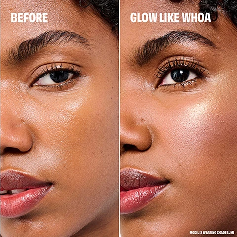 Image 1 - Split image showing a models face before and after product application with text that reads BEFORE, GLOW LIKE WHOA, and MODEL IS WEARING SHADE LUMI. Image 2 - Three arms show swatches of six makeup shades numbered 1 through 6, with text 1 Raya 2 Luna 3 Aurora 4 Nova 5 Lumi 6 Comet listed next to the left arm swatches, and a compact that says glow-la-la benefit is held below the swatches. Image 3 - A makeup compact with a gradient lid and a swatch of shimmery gold powder is shown on a pink background with the text ALL ABOUT THE GLOW High sheen, glass-like finish Soft-silk feel, creamy texture Effortlessly blends for a true-to-skin highlight glow-la-la and benefit. Image 4 - A grid shows close-ups of six women with diverse skin tones and lip colors wearing makeup If you wear Hoola Light or Original... then try Glow-La-La Raya If you wear Hoola Light or Original... then try Glow-La-La Aurora If you wear Hoola Medium... then try Glow-La-La Nova If you wear Hoola Medium... then try Glow-La-La Nova If you wear Hoola Medium-Deep... then try Glow-La-La Lumi If you wear Hoola Deep... then try Glow-La-La Comet. Image 5 - Close-up portrait of a persons face and hand with radiant skin and text that reads Apply to bare face or over foundation. Sweep along your cheekbones, nose bridge, or your Cupids bow. Apply to shoulders or decolletage for added glow. Blend & build.