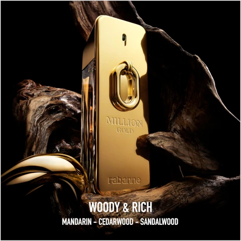 Image 1 - A gold perfume bottle with the text 1 MILLION GOLD and rabanne is placed on dark, textured wood, accompanied by the words WOODY & RICH and MANDARIN - CEDARWOOD - SANDALWOOD.
Image 2 - Four gold perfume bottles are displayed, labeled Million Eau de Toilette, Million Parfum, Million Elixir, and Million Gold Eau de Parfum Intense, with descriptions Fresh & Spicy, Hot & Intense, Sensual & Absolute, and Woody & Rich, respectively.