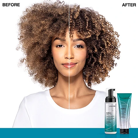 Image 2 - A split image shows a woman with frizzy curly hair labeled BEFORE and defined curly hair labeled AFTER, with products displaying text JOICO CURLS LIKE US SMOOTH & BOUNCE curly hydrating foam LISSEZ ET VITALISEZ mousse hydratante pour boucles SEDOSIDAD Y ELASTICIDAD mousse hidratante para rizos and JOICO CURLS LIKE US DEFINE & SEAL liquid curl definer DEFINISSEZ ET SCELLEZ fluide definissant pour boucles DEFINICION Y FIJACION definidor liquido para rizos. Image 3 - A tube of Joico Curls Like Us Define & Seal curl defining gelée is shown next to the text CELEBRATE YOUR CURLS, Reduces frizz, Heat protection up to 232°C/450°F, Locks out humidity for 72 hours, and *Vs untreated hair at high humidity conditions, with text on the tube reading JOICO CURLS LIKE US DEFINE & SEAL curl defining gelée DÉFINISSEZ ET SCELLEZ gelée définissante pour boucles DEFINICIÓN Y CONSERVACIÓN gel definidor para rizos 8.5 fl oz U.S. / 250 ml e. Image 4 - A tube of Joico Curls Like Us Define & Seal curl defining gelée is shown with surrounding ingredient visuals including oil drops, powder, and a leaf, displaying text JOICO CURLS LIKE US DEFINE & SEAL curl defining gelée DÉFINISSEZ ET SCELLEZ gelée définissante pour boucles DEFINICIÓN Y CONSERVACIÓN gel definidor para rizos 8.5 fl oz U.S. / 250 ml e Algae oil: A bio-based oil derived from microalgae, a source of omega-9. Vegan protein: Made from pea and vegetable proteins. Mimics the protein found naturally in hair. Moringa seed oil: A natural source of antioxidants, vitamins A and E, zinc, and silica. Image 5 - Image shows hair product collection pairings for curls with the text Curls Like Us for all curl types Collection Pairings, featuring Hydra Splash products for fine to medium curls needing hydration, K-Pak products for damaged curls to repair damage and fight breakage, Moisture Recovery products for thick coarse curls needing moisture, and Defy Damage products for dry dull lackluster curls to protect and strengthen hair bonds.
