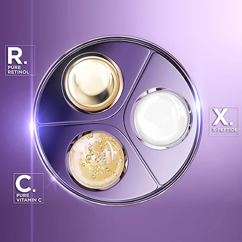 Image 1 - A circular display of three cream-filled pods labeled R. Pure Retinol, C. Pure Vitamin C, and X. X-Peptide, set against a soft purple background.
Image 2 - Image of a sleek, metallic serum bottle with a gradient design, featuring the text LANCOME RENERGIE CRT-FRTI RENEWAL along the side and bold text stating 100% RENEWED SKIN at the top, along with 2X FASTER THAN RETINOL ALONE* at the bottom.
Image 3 - A middle-aged woman with short, light hair is applying a cream to her cheek with one finger, smiling slightly, and the background is a gradient of purple; text at the bottom reads, CLINICALLY PROVEN ON UK WOMEN* *CLINICAL TRIAL OF 50 WOMEN USING SPF & SERUM, 56 DAYS.
Image 4 - Image shows a comparison of forehead wrinkles with a clear distinction between the Before and After states, with the top half labeled BEFORE FOREHEAD WRINKLES and the bottom half labeled AFTER RÉNERGIE C.R.x TRIPLE SERUM RÉTINOL, including a note about average results after eight weeks.
Image 5 - Before and after images of a woman showing skin improvement, with the left side labeled BEFORE and the right side labeled AFTER*, and additional text at the bottom stating *USING C.R.X TRIPLE SERUM RETINOL & H.P.N. UVMUNE CREAM, 4 WEEKS.
Image 6 - An image of two Lancôme skincare products against a purple background: a jar labeled RÉNERGIE SPF 50 H.P.N. UVMUNE CREAM and a bottle labeled ÉNERGIE DE VIE C.R.X. TRIPLE SERUM RETINOL, with text that reads APPLY H.P.N. UVMUNE CREAM EVERY MORNING and FOLLOW WITH C.R.X. TRIPLE SERUM RETINOL AT NIGHT.
Image 7 - A close-up of a womans face showing a cream applied to her cheek with visible skin texture and the text -24% PORE VISIBILITY* at the bottom.
Image 8 - A close-up of a woman applying a cream to her face, showcasing a smooth complexion, with accompanying text that reads -23% FROWN LINES and a note about average results from a study of 76 women after 56 days, visual grading.