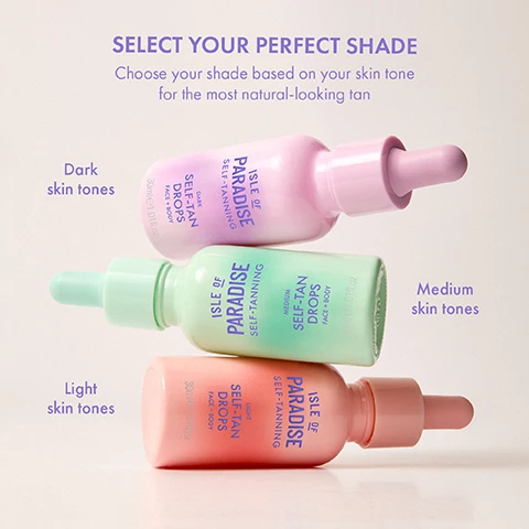 Image 1 - Three bottles of self-tanning drops are displayed, labeled for different skin tones: dark, medium, and light, with the text above reading SELECT YOUR PERFECT SHADE Choose your shade based on your skin tone for the most natural-looking tan.
Image 2 - A dropper with liquid is shown above an open hand holding a small amount of cream, with text instructions on how to apply a tanning product, including steps and tips.