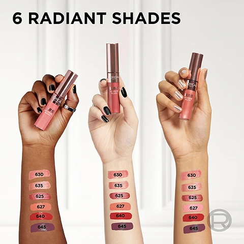 Image 1 - Image shows three hands holding tubes of LOréal liquid blush in varying shades, with swatches of the six shades 630, 635, 625, 627, 640, and 645 displayed on forearms. Visible text reads 6 RADIANT SHADES.
Image 2 - Image shows a stack of six liquid blush containers with elegant gold caps against a soft pink background, with visible text stating A GLOWY FINISH WITHOUT THE GLITTER and LORÉAL PARIS LIQUID BLUSH on the containers.
Image 3 - A close-up of a womans face applying a cosmetic product to her cheek with a doe-foot applicator, with three dots of rosy product visible and text that reads HOW TO USE? APPLY 3 DOTS AND BLEND WITH FINGERS.
Image 4 - Image features two tubes of liquid blush by LOreal Paris, with one tube open showing a wand applicator, and text highlights the products benefits: LIQUID BLUSH WITH INTENSE COLOUR PAYOFF, RADIANT FLUSH OF COLOUR, GLOWY SHADES, EASY TO BLEND, VISIBLY PLUMPER LOOKING CHEEKS.
Image 5 - Image shows a womans face split into two sections, with the left side labeled AFTER displaying a dewy glow and the right side labeled BEFORE appearing matte; a pink label at the top reads 630, and a logo is visible in the bottom right corner.
Image 6 - A woman with long, wavy hair holds a tube of liquid blush in her hand, with a soft pink background and the logo LOréal Paris at the top, featuring the text LUMI LE LIQUID BLUSH and BECAUSE YOU’RE WORTH IT.
Image 7 - A makeup applicator is dipped into glossy pink pigment, with the text HIGH INTENSITY COLOUR PIGMENTS displayed above.