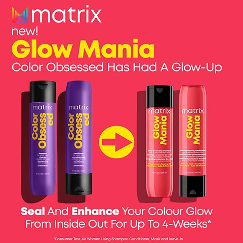 Image 1 - The image displays Matrix hair products, featuring two purple bottles of Color Obsessed shampoo and conditioner transforming into two red bottles of Glow Mania color protecting shampoo and conditioner, with the visible text Matrix new! Glow Mania Color Obsessed Has Had A Glow-Up Seal And Enhance Your Colour Glow From Inside Out For Up To 4-Weeks* Consumer Test, 60 Women Using Shampoo Conditioner, Mask and leave-in. Image 2 - A split image shows the back of a persons head with curly hair, the Before side on the left showing frizzy, less defined curls and the After* side on the right showing well-defined, less frizzy curls, with additional text reading *When Used With A System Of Shampoo, Mask And Leave-In. Image 3 - A smiling person with vibrant, curly reddish-brown hair is holding two red Matrix Glow Mania hair product bottles against a pink background, with additional text that reads Enhance Colour Glow From Inside Out For 4 Weeks*, Formulated With Glycolic Acid And Rosehip Oil, For Colour Treated Hair, and *Consumer test, 60 women using Shampoo, Conditioner, Mask and Leave-in. Image 4 - A red shampoo bottle with a black cap, labeled matrix Glow Mania color protecting shampoo dull & color-treated hair with Glycolic Acid + Rosehip Oil 10.1 FL OZ / 300 ml, is shown on a sparkling pink background with pink foam, alongside yellow text bubbles that read Helps Preserve Your Colour Glow, Hair Feels Softer and Looks Shinier, and Vegan Formula*, with fine print *No Animal Derived Ingredients Or By Products. Image 5 - A shiny red bottle of Matrix Glow Mania conditioner sits diagonally on a pink and white textured surface, displaying text that reads matrix Glow Mania color protecting conditioner dull & color-treated hair acondicionador protector de color cabello opaco y teñido revitalisant protecteur de couleur cheveux ternes et colorés Glycolic Acid + Rosehip Oil Acide Glycolique + Huile de Rose Musquée 10.1 FL OZ / 300 ml, alongside additional descriptive labels Creamy, Lightweight Texture, Hair Feels Softer and Looks Shinier, and Vegan Formula* with the footnote *No Animal Derived Ingredients Or By Products. Image 6 - A glossy red jar of Matrix Glow Mania hair mask, open and brimming with white product, is centered on a red background with creamy white streaks, featuring text Glazing Queen super gloss protecting mask dull & color-treated hair, masque protecteur super gloss cheveux ternes & colores, Глянцевая и защитная маска тусклые и окрашенные волосы, Glycolic Acid + Rosehip Oil, Acide Glycolique + Huile De Rose Musquée, 16.9 FL OZ / 500 ml e, and yellow labels announcing Whipped, Buttery Texture, For All Colour Treated Hair, Vegan Formula*, followed by a small note *No Animal Derived Ingredients Or By Products. Image 7 - Four pink Matrix Glow Mania hair products, including shampoo, conditioner, glaze mask, and leave-in conditioner, are displayed on a red background with yellow labels indicating Step 1 Helps to Gently Cleanse and Soften Shampoo & Conditioner, Step 2 Glaze Mask, and Step 3 Helps Protect Leave-in Conditioner.