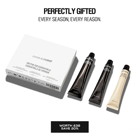 Image 1 - A white box containing Grown Alchemist On-the-Go Essentials and three small product tubes are displayed with the text PERFECTLY GIFTED EVERY SEASON, EVERY REASON and WORTH £38 SAVE 20%. Image 2 - A product image showing three Grown Alchemist tubes: a lip balm, hand cream, and day cream, with text ON-THE-GO ESSENTIALS LIP BALM Glossy, non-sticky finish RESTORATIVE HAND CREAM Instant hand hydration HYDRA-RESTORE DAY CREAM Visibly smooths skin tone + texture. Image 3 - A hand holds a black tube of hand cream with the text HAND CREAM CRÈME POUR LES MAINS VANILLA, ORANGE PEEL VANILLE, ÉCORCE DORANGE 60ML 2.0 FL OZ and an overlay box with text RESTORATIVE HAND CREAM 98% Agreed skin feels noticeably hydrated 93% Agreed formula feels non-greasy 94% Agreed skin feels soothed *Independent User Trial 2022. Results based on 59 over 2 weeks. Image 4 - A person applies Grown Alchemist Hydra-Restore Lip Balm Baume A Levres Restaurateur DHydratation to their lips, with overlaid text stating Hydra-Restore Lip Balm 91% Agreed lips are instantly hydrated 96% Agreed lips feel moisturized 98% Agreed lips feel smooth *Independent User Trial 2022 Results based on 57 over 2 weeks. Image 5 - A person applies white cream to their cheek with text overlay reading HYDRA-RESTORE DAY CREAM 100% Agreed skin feels nourished 99% Agreed restores hydration 98% Agreed absorbs quickly and disclaimer text *Independent User Trial 2022. Results based on 120 over 4 weeks and tattoo text pure.