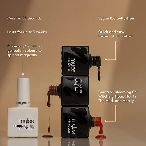 Image 1 - Four Mylee gel polish bottles are shown, three stacked and dripping polish, with text callouts Cures in 60 seconds, Lasts for up to 3 weeks, Blooming Gel allows gel polish colours to spread magically, Vegan & cruelty-free, Quick and easy tortoiseshell nail art, Contains Blooming Gel, Witching Hour, Not In The Mud, and Honey, plus bottle labels mylee GEL POLISH and mylee BLOOMING GEL GEL POLISH. Image 2 - A step-by-step guide for nail application showing illustrations and instructions. Text reads Step-By-Step 1. PREP Push back your cuticles and shape your nails with a file. Gently remove shine and oil from the nail plate with a buffing block, followed by a lint-free wipe soaked in Prep & Wipe. 2. BASE Apply your Mylee Base Coat and cure for 60 seconds. Then, apply a thin layer of your favourite gel polish colour and cure for 60 seconds. If youd like to build opacity, add further layers of gel polish colour and cure for 60 seconds. 3. BLOOM Apply a thin layer of Blooming Gel - do not cure. Using a liner brush or dotting tool, add drops or strokes of gel polish. Wait 10 to 30 seconds and watch as your pattern blooms and spreads. Cure for 60 seconds. 4. FINISH Seal in your masterpiece by applying a No Wipe Top Coat - glossy or matte - and cure for 60 seconds. Blooming marvellous! Products sold separately.