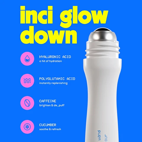 Image 1 - A skincare product with a smooth rollerball applicator is displayed against a bright blue background, featuring text that reads inci glow down and listing ingredients: HYALURONIC ACID a hit of hydration, POLYGLUTAMIC ACID instantly replenishing, CAFFEINE brighten & de_puff, and CUCUMBER soothe & refresh.
Image 2 - An image showing a white roller-ball applicator on a blue background with text reading de_puff, awaken, help boost circulation and a circular label stating cool to the touch, roller-ball applicator.
