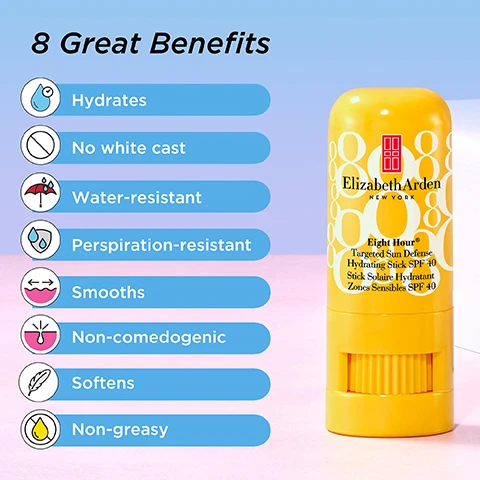 Image 1 - An image of a yellow stick of Elizabeth Ardens Eight Hour Targeted Sun Defense Hydrating Stick SPF 40, with the text 8 Great Benefits: Hydrates, No white cast, Water-resistant, Perspiration-resistant, Smooths, Non-comedogenic, Softens, Non-greasy displayed next to it.
Image 2 - A bright yellow stick labeled Elizabeth Arden Eight Hour Targeted Sun Defense Hydrating Stick with SPF 40 is shown against a pink background, accompanied by the text HYDRATE. DEFEND. SOFTEN.
Image 3 - A creamy white cosmetic product is shown with three labels indicating Oil-free, Water-resistant, and Lightweight.