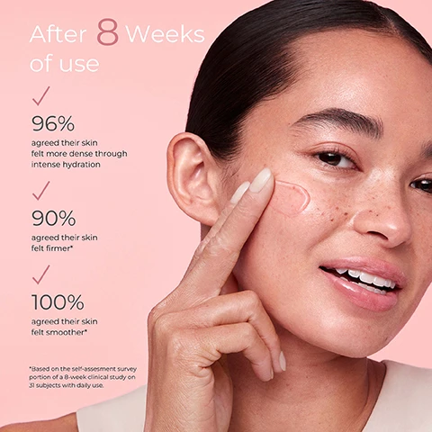 Image 1 - A woman smiles with a clear product on her cheek, with text reading After 8 Weeks of use, 96% agreed their skin felt more dense through intense hydration, 90% agreed their skin felt firmer*, 100% agreed their skin felt smoother*, *Based on the self-assessment survey portion of a 8-week clinical study on 31 subjects with daily use. Image 2 - A close-up of a pink, bubbly gel texture with clear spheres against a white background, featuring the text Formulated with.. PEPTIDE WATER Water infused with 4 types of Peptides that boost skin firmness PEONY AND COLLAGEN COMPLEX (for face serum) Formulated for intense hydration that helps with visible plumpness SMOOTHTECH CAPSULES Delivers visibly smooth, flawless looking skin. Image 3 - A textured pink background with small bubbles displays the text FEEL THE BOUNCE SEE THE PLUMP FOR PERFECTLY PLUMP SKIN THAT BOUNCES BACK. LANEIGE BOUNCY & FIRM SERUM.