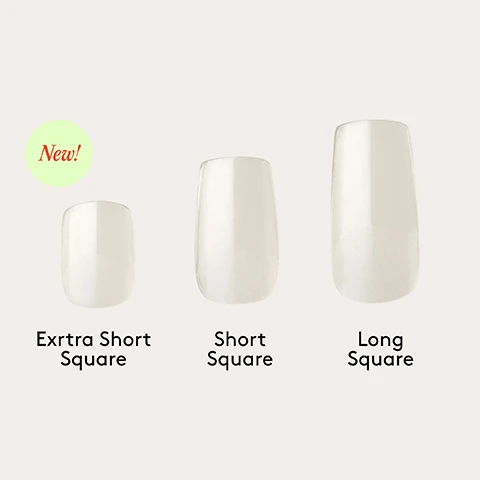 Image 1 - A display of three clear, square artificial nail tips in increasing length from left to right, labeled Exrtra Short Square, Short Square, and Long Square, with a green circle in the top left corner featuring red text that reads New!. Image 2 - The image shows a side-by-side comparison of three fingers, with natural nails on the left labeled Without tips, and the same fingers with short, square pink artificial nails on the right labeled With tips. Image 3 - A black portable nail lamp with a glowing purple light cures a clear artificial nail on a finger, positioned next to a white bottle of nail product on a purple surface, with visible text mylee Cures with LED & UV mylee FIX N FLASH GEL ADHESIVE 15ml e/0.50 FL.OZ. Image 4 - A row of five clear, square-shaped artificial nail tips lies diagonally on a purple textured background with the text For petite hands & short nail beds. Image 5 - An infographic outlining a six-step nail application process, with the main title Step by step and individual steps labeled 01 PREP Push back cuticles, file, buff, and cleanse with Nail Prep & Wipe, 02 APPLY Apply Fix N Flash Gel to both your nail and the tip contact, 03 PLACE Place the tip just above the cuticle, then lower it down for full contact, 04 CURE Flash cure one side for 5 seconds, then switch and hold the other side for another 5 seconds to secure the edges, 05 SET Once all nails are flash-cured, give the full set a final 60-second cure to lock them in, and 06 FINISH Buff, cleanse, and finish with your fave colour and Top Coat! Image 6 - A hand with clear gel nail extensions on some fingers and tweezers holding a translucent pink nail tip against a purple background, with bullet points describing features: Designed for petite hands and short nail beds, no trimming needed. Lightweight, flexible & snap-resistant. Pre-shaped & pre-buffed - with no filing or prep required. Gel-adhered for a seamless, natural look and feel. Cures with LED & UV. No super-glue needed. Quick and easy to remove with Gel Remover or Acetone.