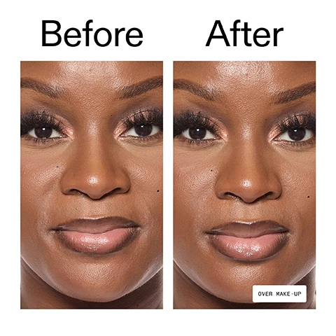 Image 1 - A split image shows a womans face before and after a treatment, with the left side labeled Before and the right side labeled After, and the After side also displays the text OVER MAKE-UP. Image 2 - A close-up of a persons face showing their eye, nose, and glossy lips with dewy, glowing skin, alongside text that reads: 12 hour hydration and an instant glow*, Promotes an instant glow without messing with your makeup**, Proven to soothe even the most sensitive skin***, *96 hour clinical patch-test on 31 people and two week consumer trial of 103 people. **Two week consumer trial of 103 people. ***96 hour clinical patch-test on 31 people. Image 3 - A close-up of a smiling persons face with healthy, glowing skin, showing the text Why we love it, Spritz any time, anywhere, Instant hydration and glow on the go, and Use on bare skin or over makeup for instant refreshing hydration. Image 4 - White text on a light gray background with water droplets on the right lists ingredients and their benefits, reading: Why it works 3% Hydroviton® Insta FOR 12-HOUR HYDRATION. 3% Aquaxyl™ STRENGTHENS THE SKIN BARRIER. 2% Earth Marine Water TO INSTANTLY BRIGHTEN SKIN. Image 5 - Close-up of a silver spray bottle with a black pump nozzle actively spraying a fine mist, with partial text on the bottle reading MIST and instructions on the right stating How to use USE AM + PM, AS NEEDED. SPRAY A THIN LAYER ACROSS THE FACE AND NECK.