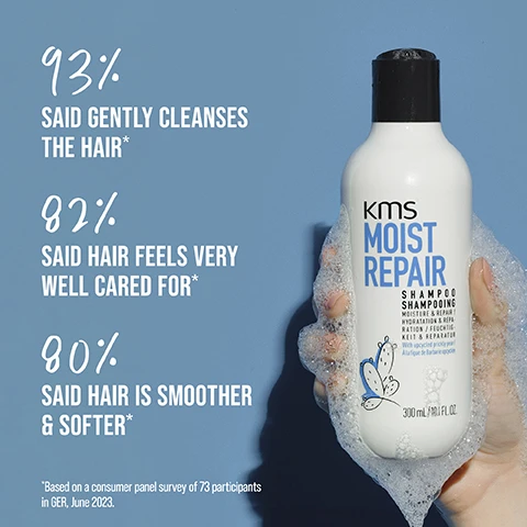 Image 1 - A hand holding a bottle of KMS Moist Repair shampoo surrounded by bubbles, with text stating 93% said gently cleanses the hair, 82% said hair feels very well cared for, and 80% said hair is smoother and softer, with a note about a consumer panel survey from June 2023.
Image 2 - An image of a hand holding a white bottle of KMS Moist Repair conditioner against a blue background, featuring text that states 92% said considerably improves manageability, 89% said is a highly effective product, and 88% said does not weigh down the hair, with a note at the bottom mentioning a consumer survey of participants in Germany, June 2023.
Image 3 - An abstract image of a creamy white hair product against a soft blue background, with text that reads HIGHLY-EFFECTIVE OUR FORMULAS WITH MICRO BIO-ACTIVES PENETRATE DEEP INTO THE HAIR, ENSURING THE BEST PERFORMANCE.
Image 4 - A close-up image of a white creamy substance swirling on a light blue background, with the text Highly Effective and the message our formulas with micro bio-actives penetrate deep into the hair, ensuring the best performance.
Image 5 - A hand holds a bottle of KMS Moist Repair shampoo with a white background, featuring text that states PETA APPROVED, VEGAN FORMULA, and UPcycled NATURAL INGREDIENT, along with corresponding icons.
Image 6 - A person holds a white conditioner bottle labeled KMS Moist Repair with images of a butterfly and leaves, featuring text that states PETA Approved, Vegan Formula, and Upcycled Natural Ingredient.
Image 7 - Image of green prickly pear cactus pads with droplets of water, accompanied by the text PRICKLY PEAR and UPCYCLING NATURAL INGREDIENT.
Image 8 - A woman is shown in two side-by-side images; the left displays her with long, straight hair and a white shirt, while the right features her with voluminous, wavy hair and a black top, with the words BEFORE and AFTER at the bottom of each image.