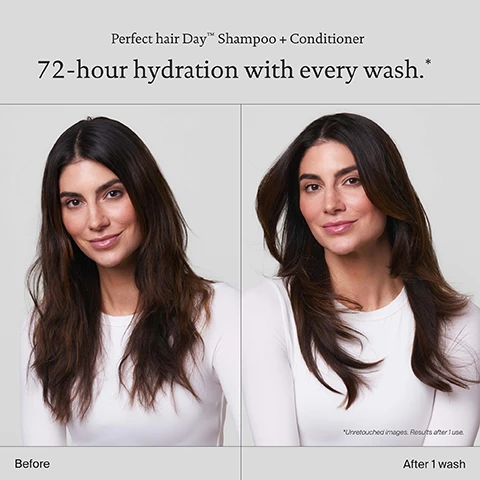 Image 1 - A split image shows a womans hair before and after one wash with Perfect hair Day™ Shampoo + Conditioner 72-hour hydration with every wash.* *Unretouched images. Results after 1 use. Before After 1 wash. Image 2 - Image shows two Living proof Perfect hair Day bottles, shampoo and conditioner for dull dry hair, with text Sili-CLONE HairTech, DELIVERS 72-HOUR HYDRATION IN JUST 1 WASH*, RESTORES HEALTHY HAIR TEXTURE AND QUALITY, KEEPS HAIR CLEANER AND HEALTHIER FOR LONGER, \*Perfect hair Day™ Shampoo + Conditioner vs. untreated, \*\*Based on Perfect hair Day™ Shampoo + Conditioner consumer use study. Image 3 - Image of bubbles on a blue background with the text Sili-CLONE™ HairTech 600 + lab tests 170 + formula iterations 1000 + performance tests. Image 4 - A before and after image shows a womans hair before and after using a dry shampoo, with visible text Lp. Before and After: Perfect hair Day™ Dry Shampoo. Image 5 - Image shows a hand holding a Living proof dry shampoo can with text 1 Living proof Dry Shampoo sold every 30 seconds* and the can labeled Living proof Perfect hair Day dry shampoo actually cleans hair eliminates oil, sweat & odor nettoie bien les cheveux élimine les résidus huileux, la transpiration et les odeurs DRY SHAMPOO SHAMPOOING SEC 198 mL e 112g 4.0 OZ US. Image 6 - A woman sprays Living proof Perfect hair Day dry shampoo which actually cleans hair eliminates oil sweat & transpiratio onto her hair, with a blue circle overlay stating #1 PRESTIGE DRY SHAMPOO BRAND* and small text reading Source US Data NPD FY 2022 Dry Shampoo subsegment. Image 7 - A grey bottle of Living Proof Perfect hair Day 5-in-1 Styling Treatment is shown next to a panel of text describing the product Perfect hair Day™ 5-in-1 Styling Treatment Living proof. Perfect hair Day® 5-in-1 styling treatment STYLER SOIN COIFFANT 118 mL e 4.0 FL OZ US Hemisqualane Helps to smooth the cuticle, leaving hair silky and shiny. Thickening Molecule Leaves a pattern of microscopic thickening dots between strands that makes hair act, feel + look like its naturally fuller. Mumuru butter Softens hair + and enhances shine. Conditioning styling polymer Provides soft hold – even in high humidity – as well as protection from heat styling up to 450° F/230° C.