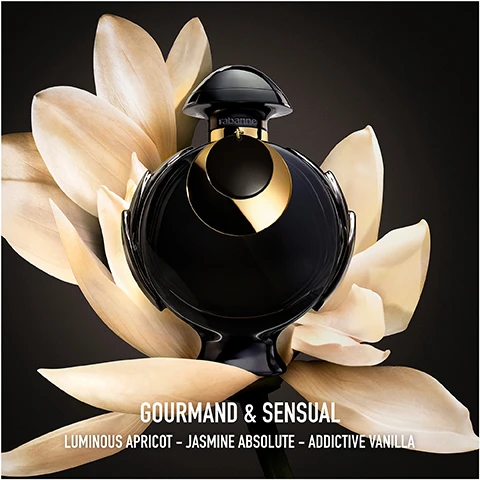 Image 1 - A black and gold perfume bottle sits among creamy flower petals with the text rabanne GOURMAND & SENSUAL LUMINOUS APRICOT – JASMINE ABSOLUTE – ADDICTIVE VANILLA. Image 2 - Four Olympea perfumes are shown against floral backgrounds with descriptions and text: Olympea Eau de Parfum Floral & Fresh + Floral, Olympea Solar Eau de Parfum Intense Solar & Luminous, Olympea Parfum Parfum Ambery & Addictive, and Olympea Absolu Parfum Intense Gourmand & Sensual + Intense.