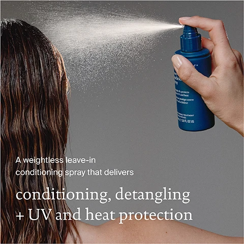 Image 1 - A hand sprays a blue bottle of product onto wet brown hair with visible text A weightless leave-in conditioning spray that delivers conditioning, detangling + UV and heat protection. Image 2 - A person combing dark, wet hair with a comb, with text reading One bottle saves 1000s of hair fibers from breakage* vs untreated. Image 3 - A blue bottle of Living Proof leave-in conditioning spray being sprayed is shown with text stating After 1 use 9x easier detangling* 4x less breakage* 3x more conditioned* and on the bottle Living proof. leave-in conditioning spray detangles & protects against UV and heat démêle et protège contre les UV et la chaleur *, alt text varies. *based on consumer use study. Image 4 - A triptych shows wet tangled hair labeled Before, wet hair being combed labeled After Leave-In Conditioning Spray, and dry smooth hair labeled All Day. Image 5 - Image showing damp hair being sprayed and combed with a bottle of Living Proof spray and instructions How to use: Shake well On clean damp hair spray from roots to ends focusing on tangled areas Comb through Style as usual. Image 6 - Three Living Proof hair products in a row show The ultimate detox & repair hair routine with text below listing STEP 1 Detox, STEP 2 Detangle condition & protect, and STEP 3 Repair. Image 7 - Image shows dark wet hair being combed with text TRI-PROTECT HairTech Defends against mechanical, heat + UV stress with: ACTIVE DETANGLERS Reduces hair stress, damage + breakage. TIME RELEASE PEPTIDES Delivers lasting conditioning, softness + manageability. SUPERFOOD ANTIOXIDANT COMPLEX Multi-protection from heat + UV. Image 8 - Comparison image showing fewer broken hair fibers on the right after treatment with Leave-in Conditioning Spray compared to untreated hair on the left with text Leave-in Conditioning Spray protects hair against damage from brushing + combing 4x less hair fiber breakage* Untreated after combing Treated with Leave-in Conditioning Spray after combing untreated hair Image depicting the average number of broken hair fibers from a whole head of hair after a single use.