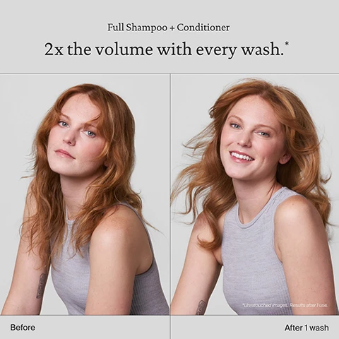 Image 1 - Image shows two side-by-side portraits of a woman with long, wavy hair; the left side labeled Before and the right side labeled After 1 wash, with a product description above stating Full Shampoo + Conditioner and a tagline 2x the volume with every wash.
Image 2 - Image shows two bottles of Living Proof brand shampoo and conditioner, accompanied by text detailing features such as delivers 2x the volume in one wash, improves hair texture and quality, and keeps hair cleaner and healthier for longer.
Image 3 - Image features two bottles of hair care products labeled Living proof full shampoo and Living proof full conditioner, with icons and text describing benefits such as detangling, sleekness, conditioning, and shine.
Image 4 - Image of a close-up of bubbles with a blue background, featuring the text Sili-CLONE HairTech, along with numbers: 600+ lab tests, 170+ formula iterations, and 1000+ performance tests.
Image 5 - A comparison image showing Sili-CLONE HairTech on the left with benefits like hair becomes healthier, keeps hair cleaner, and promotes longevity of hair health, versus Silicone on the right with drawbacks such as hair appears healthy while damage is masked, makes hair dirtier and faster, and can lead to chronic damage.
Image 6 - A close-up portrait of a woman with wet hair, featuring three hair care products labeled as shampoo, conditioner, and styling spray, with the text Lasting volume routine and instructions for each step: STEP 1 Cleanse, STEP 2 Condition, and STEP 3 Style + protect.