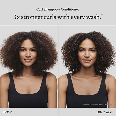 Image 1 - Image shows a side-by-side comparison of a woman with curly hair, labeled as Before on the left and After 1 wash on the right, with visible text reading Curl Shampoo + Conditioner and 3x stronger curls with every wash.
Image 2 - Image shows two side-by-side portraits of a woman with curly hair; the left shows her natural curls labeled as Before, and the right shows her curls after using a product labeled After 1 wash, with text above stating Curl Shampoo + Conditioner and 3x stronger curls with every wash.
Image 3 - Image shows a comparison of curly hair before and after using curl shampoo and conditioner, with text indicating Curl Shampoo + Conditioner and 3x stronger curls with every wash. Visible text includes Before and After 1 wash.
Image 4 - Image shows two bottles of Living Proof curl shampoo and conditioner against a colorful background with bubbles, with text highlighting key benefits: delivers 3x stronger curls in just one wash, hydrates and improves curl definition, and healthier looking curls with every wash.
Image 5 - Two bottles of Living Proof hair products for curls, labeled curl shampoo and curl conditioner, with a blue gradient background and text describing the benefits: detangling, sleekness, conditioning, and shine.