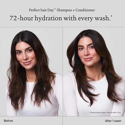 Image 1 - A woman is shown in two side-by-side images displaying her hair before and after using Perfect hair Day Shampoo and Conditioner, with the text above stating 72-hour hydration with every wash.
Image 2 - Image shows a side-by-side comparison of hair texture; the left side labeled Before shows dry, frizzy hair, while the right side labeled After 14 days shows smoother, healthier-looking hair, with circular insets highlighting the difference in quality, along with the text Transforms hair texture and quality over time. Air-dried results using only Perfect hair Day™ Shampoo + Conditioner.
Image 3 - Two bottles of Living Proof Perfect Hair Day shampoo and conditioner are displayed, set against a blue background with text stating that the products deliver 72-hour hydration in one wash, restore healthy hair texture and quality, and keep hair cleaner and healthier for longer.
Image 4 - Image of two shampoo and conditioner bottles labeled Living proof Perfect hair Day with a gradient background, featuring a description that mentions the Sili-CLONE HairTech and its mimicking properties of silicone while improving hair quality, with icons for detangling, sleekness, conditioning, and shine.
Image 5 - A cluster of iridescent bubbles is set against a blue background, with text displaying Sili-CLONE HairTech, 600+ lab tests, 170+ formula iterations, and 1000+ performance tests.
Image 6 - A split comparison image showing Sili-CLONE HairTech on the left with benefits including hair becomes healthier, keeps hair cleaner, and promotes longevity of hair health, and Silicone on the right with drawbacks stating hair appears healthy but damage is masked, makes hair dirtier, and can lead to chronic damage.
Image 7 - A close-up view of long, straight hair with a light-colored background, featuring three hair care product bottles labeled STEP 1 Cleanse, STEP 2 Condition, and STEP 3 Dry shampoo, with the text Hydrate + extend routine above them.