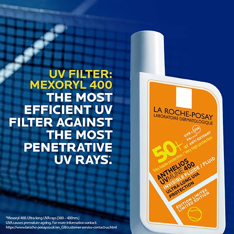 Image 1 - A sunscreen bottle with a white body and orange accents is displayed against a blue background, featuring text that reads UV FILTER: MEXORYL 400 THE MOST EFFICIENT UV FILTER AGAINST THE MOST PENETRATIVE UV RAYS. LA ROCHE-POSAY LABORATOIRE DERMATOLOGIQUE 50+ UVB + UVA TRÈS HAUTE PROTECTION ANTHELIOS AUTOMNE 400 INVISIBLE FLUIDE ULTRA-LONG UVA PROTECTION ÉDITION LIMITÉE LIMITED EDITION.
Image 2 - Image shows three skincare products from La Roche-Posay arranged with numbers 1, 2, and 3: a blue tube labeled Effaclar Purifying Foaming Gel, a blue dropper bottle labeled Hyalu B5 Lifting Booster, and a white bottle labeled Anthelios UVMune 400 Invisible Fluid, all with text detailing their functions.
Image 3 - A gloved hand holds a bottle of La Roche-Posay Anthelios Invisible Fluid SPF 50+, featuring text that reads N°1 DERMATOLOGIST RECOMMENDED BRAND IN THE UK and LABORATOIRE DERMATOLOGIQUE.