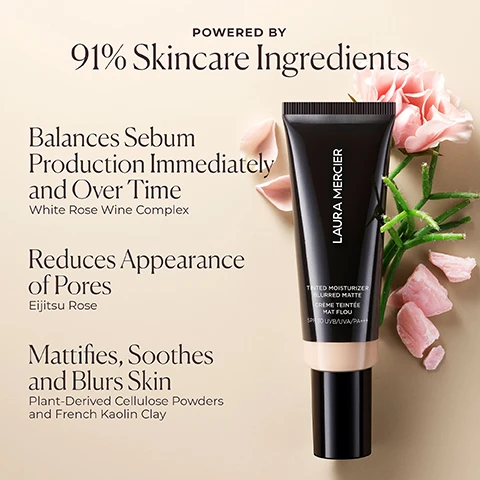 Image 1 - The image shows a tube of Laura Merciers tinted moisturizer with a background featuring soft colors, accompanied by text that highlights its features: powered by 91% skincare ingredients, balances sebum production immediately and over time, reduces appearance of pores, and mattifies, soothes, and blurs skin.
Image 2 - A color comparison chart showing new shades for tinted moisturizers, listing old shades on the left and corresponding new shades on the right, along with product details including SPF.
Image 3 - Image shows two tubes of foundation side by side with a beige background; the top tube is labeled with text describing its features: Blurred Matte Finish, All-Day Comfortable Shine Control, and Oil Free, while the bottom tube lists improved features: All-Day Longwear, 24HR Shine Control, 16HR Skin-Balancing Hydration, Optimized Shade Range Without Oxidation, and Increased Sun Protection to SPF 30 UVB/UVA/PA+++.
Image 4 - Image shows three tubes of tinted moisturizer in a row, labeled as Laura Mercier with descriptions of their features and benefits underneath each tube, including SPF ratings and recommended skin types.