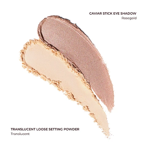 Image 1 - A makeup image featuring two horizontal swatches, one of a shimmery rose gold eye shadow labeled as Caviar Stick Eye Shadow Rosegold, and a creamy beige loose setting powder labeled as Translucent Loose Setting Powder Translucent.
Image 2 - A side-by-side comparison of a womans face labeled Before on the left and After on the right, showing improved skin texture and tone, with visible text reading Before and After TRANSLUCENT.
Image 3 - A split image showing a woman’s face with visible differences; the left side labeled Before shows a glossier appearance, while the right side labeled After displays a matte look with the word TRANSLUCENT beneath it.
Image 4 - Image showing a side-by-side comparison of a young mans face labeled Before on the left and After on the right with the word TRANSLUCENT below the right image.
Image 5 - A collage featuring a shimmery rose gold eyeshadow swatch and close-up portraits of two models displaying rose gold eyeshadow on their eyelids, with the text ROSEGOLD visible.