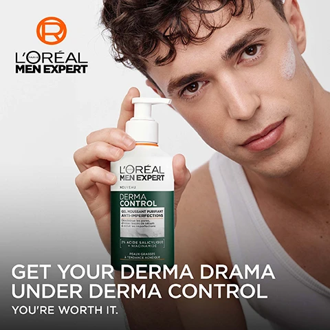 Image 2 - A young man holding a bottle of L’Oréal Men Expert Derma Control, looking confidently at the camera, with text that reads GET YOUR DERMA DRAMA UNDER DERMA CONTROL YOURE WORTH IT.
Image 3 - Image of a LOréal Men Expert Derma Control cleansing gel bottle, partially covered in bubbles, with text stating POWERFUL VISIBLE RESULTS, -51% BLEMISHES* ON OILY & BLEMISH-PRONE SKIN, and additional details about the products ingredients and testing.
Image 4 - A tube of LOreal Men Expert Derma Control cream is shown, with a green swirl of product beside it, and text stating FOR THE WORST KIND OF PIMPLES, -34% SPOT VOLUME IN TWO NIGHTS, and 75% CONFIRM LESS VISIBLE IMPERFECTIONS.
Image 5 - Image of a young man with curly hair applying a green facial product on his face, with two steps listed: 1. Apply onto the pimple or the area you want 2. Use as a full-face mask.
Image 6 - Image shows a split view of a persons forehead with visible acne, labeled Before on the left and After on the right, demonstrating clear improvement in skin condition. Visible text reads: CLINICALLY TESTED ON ALL SKIN TONES, mean case after applying the serum for 56 days/2 months, clinical test on 36 volunteers.
Image 7 - A young man with blonde hair looks confidently at the camera, with promotional text about a product stating TAKE CONTROL OF ACNE WITH DERMA CONTROL, along with a badge indicating it was created by LOréal Paris and validated with dermatologists; the image mentions that it is suitable for all skin tones and types and for sensitive skin.
