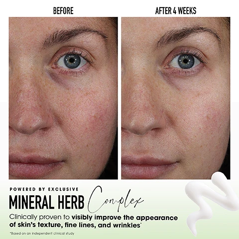 Image 3 - A split image shows a womans face, on the left before and on the right after 4 weeks, with the after image revealing smoother skin, reduced redness, and fewer fine lines, alongside text that reads BEFORE, AFTER 4 WEEKS, POWERED BY EXCLUSIVE MINERAL HERB Complex, Clinically proven to visibly improve the appearance of skins texture, fine lines, and wrinkles*, and *Based on an independent clinical study, with a white swirl of cream to the right. Image 4 - A smiling woman with freckles applies bareMinerals SKINLONGEVITY Barrier Boosting Serum Mineral Herb Complex to her cheek, with visible text reading 93% said skin felt smoother*, 93% said skin felt soothed*, 90% said skin felt nourished*, *Based on an independent clinical study. Image 5 - A bareMinerals SKINLONGEVITY serum bottle with two orange California Poppies, surrounded by text that reads: POWERED BY EXCLUSIVE MINERAL HERB COMPLEX, PROTECTS SKIN FROM ENVIRONMENTAL DAMAGE California Poppy, and PROTECTS SKIN BARRIER AND REDUCES FINE LINES Zinc-Infused Niacinamide, with the bottle itself labeled bareMinerals SKINLONGEVITY BARRIER BOOSTING SERUM MINERAL HERB COMPLEX SÉRUM FORTIFIANT AU COMPLEXE DE MINÉRAUX ET DE PLANTES. Image 6 - A before and after comparison showing two Bare Minerals SKINLONGEVITY serum bottles, the left bottle with a gold cap and yellowish serum labeled BEFORE, and the right bottle with a white cap and clear to green serum labeled NOW, with the top text reading THE SKINLONGEVITY YOU LOVE NOW FORMULATED WITH MINERAL HERB COMPLEX; the left bottle reads bareMinerals SKINLONGEVITY LONG LIFE HERB SERUM SÉRUM À BASE DHERBE DE LONGUE VIE, and the right bottle reads bareMinerals SKINLONGEVITY BARRIER BOOSTING SERUM MINERAL HERB COMPLEX SÉRUM FORTIFIANT AU COMPLEXE DE MINÉRAUX ET DE PLANTES. Image 7 - Four bareMinerals SKINLONGEVITY products, including a cleanser tube, serum bottle, eye cream jar, and moisturizer jar, are arranged on a white surface with white product smears and foam, alongside the text YOUR NEXT-GENERATION Routine, 1. CLEANSER PURIFY Clarify and smooth skin, 2. SERUM BOOST Reinforce skin barrier and boost radiance, 3. EYE CREAM TREAT Soften fine lines and wrinkles, 4. MOISTURIZER NOURISH Plump and nourish skin. Image 8 - Four bareMinerals SKINLONGEVITY skincare products, specifically a Barrier Boosting Serum, Cushion Cloud Foaming Cleanser, Revitalizing Eye Cream, and Butter Drench Cream, are displayed with green leaves, white textured flowers, and ginger roots on a white background, accompanied by the text Real MINERALS. Better SKIN. and a list of benefits: Clean, Mineral-rich formula, Vegan and cruelty free, Non-comedogenic, Dermatologist-tested, Non-irritating, Suitable for all skin types, even sensitive skin.