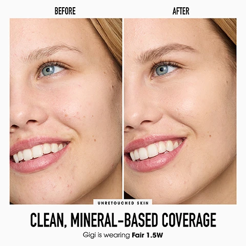 Image 1 - A split image shows a womans face before makeup application on the left with some redness and visible pores, and after makeup application on the right with smoother, more even-toned skin, with the visible text: BEFORE, AFTER, UNRETOUCHED SKIN, CLEAN, MINERAL-BASED COVERAGE, and Gigi is wearing Fair 1.5W. Image 2 - A grid of four split-face images shows before and after comparisons for skin concerns including redness, discoloration, dark circles, and acne, with visible text reading Ideal for all skin types, Redness, Discoloration, Dark Circles, and Acne. Image 3 - Three bareMinerals ORIGINAL Liquid Mineral Concealer tubes and swatches of three shades are displayed next to text stating 100% agree it instantly blurs imperfections around eyes*, 100% agree it instantly covers dark circles*, and 93% agree it smooths the skin under eyes over time*, Based on an independent consumer test. Image 4 - A multi-panel image detailing a 4-step bareMinerals makeup routine with product images and associated descriptions: New, THE ORIGINAL CLEAN ROUTINE, STEP 1, PRIME TIME ORIGINAL FOUNDATION PRIMER, Prep skin for makeup, leaving a natural filtered effect; STEP 2, ORIGINAL LIQUID MINERAL CONCEALER, Instantly smooth and perfect skin tone and texture, Based on an independent consumer test; STEP 3, ORIGINAL LOOSE POWDER FOUNDATION, Build coverage with a lightweight formula; STEP 4, ORIGINAL MINERAL VEIL 24HR NATURAL MATTE SETTING SPRAY, Set makeup with hydrated 24HR matte wear, Based on an independent clinical study with 30 people. Image 5 - The image displays a comprehensive shade chart for ORIGINAL LIQUID MINERAL CONCEALER, organized by skin intensity FAIR, LIGHT, MEDIUM, DARK, DEEP and undertone COOL, NEUTRAL, WARM, showing various models demonstrating the shades, each labeled with its specific name, along with an image of concealer tubes and instructions on how to select a shade: Step 1: Find your intensity, Step 2: Determine your undertone, Step 3: Get your perfect shade.