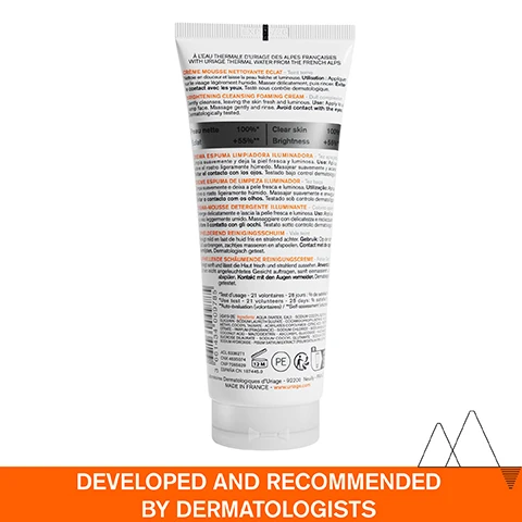 Image 1 - A tube of Brightening Cleansing Foaming Cream featuring multiple language descriptions, with a prominent orange label at the bottom stating DEVELOPED AND RECOMMENDED BY DERMATOLOGISTS.
Image 2 - A close-up of a womans face showing a creamy face cleanser applied to her skin, with text labels indicating Ultra-creamy light foam, Unique floral scent, and Rinse-off face cleanser, along with the headline DARK SPOTS, DULL COMPLEXION.
Image 3 - A tube of Uriage Dépiderm brightening cleansing foam is shown, featuring text that states +55% BRIGHTNESS* and LEAVING SKIN FRESH & LUMINOUS*.
Image 4 - Image shows a promotional graphic for an advanced dermatological formula, featuring sections labeled MELA TECHNOLOGY, VITAMIN C, NIACINAMIDE, and URIAGE THERMAL WATER, with corresponding benefits listed for each ingredient.
Image 5 - A scenic view of snow-capped mountains with three highlighted points of text stating Developed and recommended by dermatologists, Suitable for all skin types, and Non-comedogenic.
Image 6 - Image features three skincare products from the Uriage Dépiderm line, labeled as steps 1, 2, and 3, including a cleansing foaming cream, a brightening booster serum, and a moisturizer with accompanying text for each product.
Image 7 - A tube of Uriage Dépiderm Brightening Cleansing Foaming Cream is displayed, featuring a light-colored background with bubbles, and the visible text reads Recommended by Dermatologists, Dépiderm, Crème mousse nettoyante éclat, Brightening cleansing foaming cream, Cleanses, unifies, illuminates, Teint terne, Dull complexion, and Toutes peaux, All skin types.