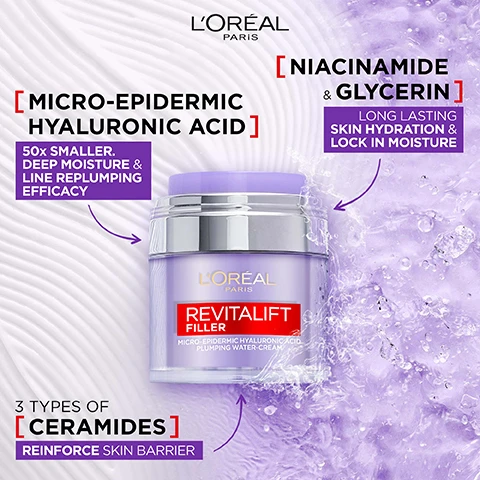 Image 1 - Image of a LOréal Paris Revitalift filler cream jar, with highlighted text stating Micro-Epidermic Hyaluronic Acid, Niacinamide & Glycerin, and 3 Types of Ceramides, along with benefits describing deep moisture, skin hydration, and moisture retention.
Image 2 - Image of a LOreal Paris cosmetic product tube titled Lumi Glotion, featuring labels that highlight its illuminating formula, lightweight texture, and ingredients like glycerin and shea butter for hydration.
Image 3 - A smiling woman with long, wavy dark hair shows off her glowing skin beside four tubes of LOréal Lumi Glotion multi-use glow enhancer, with the text LUMI GLOTION MULTI-USE GLOW ENHANCER BECAUSE YOURE WORTH IT.
Image 4 - A woman with a light complexion is holding two tubes of LOréal Lumi Glotion while showcasing makeup techniques on her face, with the text stating Customise Your Glow 3 Ways to Use Glotion and instructions for usage.