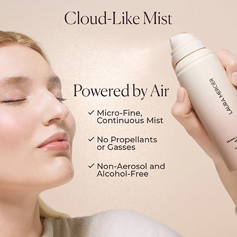 Image 1 - A woman with closed eyes has a mist sprayed towards her face from a Laura Mercier bottle held by a hand, with accompanying text Cloud-Like Mist, Powered by Air, Micro-Fine, Continuous Mist, No Propellants or Gasses, Non-Aerosol and Alcohol-Free, and the bottle itself features the text Laura Mercier Translucent Setting Hydrating. Image 2 - A white Laura Mercier Translucent Hydrating Setting Spray Ultra-Blur Spray de Fixation Hydratant bottle is displayed alongside three bullet points detailing its benefits: Sets and Keeps Makeup Fresh for 24HRs**, Hydrates Skin and Controls Shine for 24HRs**, and Keeps Makeup Crease- and Fade-Proof for 24HRs**, plus a disclaimer stating **Based on a clinical study of 30 participants at an independent lab. Image 3 - A Laura Mercier Translucent Hydrating Setting Spray bottle, light pink to white with water droplets, is positioned beside a white lily flower, accompanied by text that reads POWERED BY 98% Skincare Ingredients, 24HR Hydration Hyaluronic Acid and French Mineral Water, Soothes and Protects Barrier White Lily Extract and Ectoin, Helps Improve Appearance of Pores Niacinamide, and on the bottle Laura Mercier Translucent Hydrating Setting Spray Ultra-Blur Spray de Fixation Hydratant. Image 4 - A smiling blonde woman with light makeup holds a pale spray bottle from Laura Mercier, and the image includes promotional text: Setting Made Refreshing for 24HRs, 100% Agree it sets makeup into place*, 100% Agree it feels comfortable on skin*, 24HR Clinically proven hydration and setting**, with bottle text LAURA MERCIER, TRANSLUCENT HYDRATING SETTING SPRAY, FIXATEUR HYDRATANT TRANSLUCIDE, Spray Fixateur, and footnotes *Based on a consumer study of 30 participants after one week of use at an independent lab **Based on a clinical study of 30 participants at an independent lab. Image 5 - The image displays five Laura Mercier beauty products aligned horizontally, including a light blue primer tube, a white tinted moisturizer tube with a beige swatch, a peach concealer tube and wand with a beige swatch, a round compact with loose powder, and a white setting spray bottle, with the visible text Your Flawless Face Routine, STEP 01 Prime, STEP 02 Perfect, STEP 03 Conceal, STEP 04 Blur, STEP 05 Set and Refresh, Pure Canvas Primer Hydrating, Tinted Moisturizer Natural Dewy, Real Flawless Weightless Perfecting Concealer, Translucent Loose Setting Powder Ultra-Blur, and Translucent Hydrating Setting Spray Ultra-Blur.